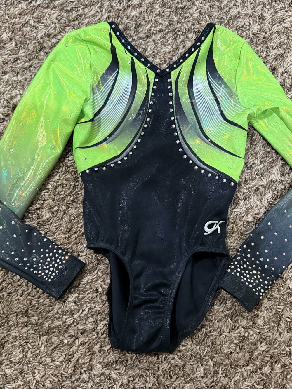 GK Black and Neon Green Long Sleeve Gymnastics Leotard